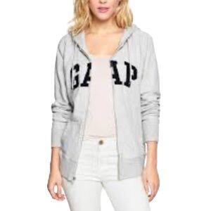 GAP Heritage Logo Light Heather Grey Zip Hoodie Black Logo Pockets Hood Size S